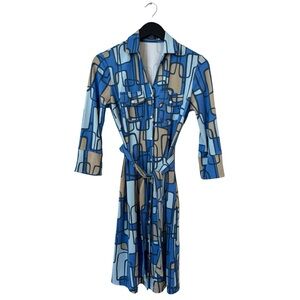 J. McLaughlin Brynn Knit Jersey Belted Dress Blue Geometric Print XS Stretch